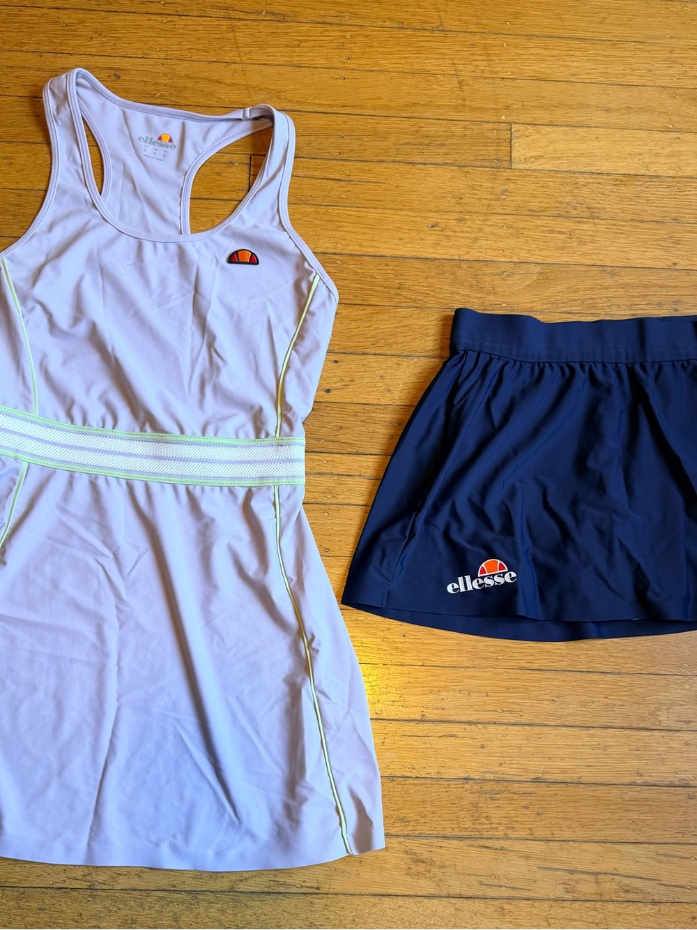 Ellesse lavendar dress with lime green accents & waistband and navy skirt size S